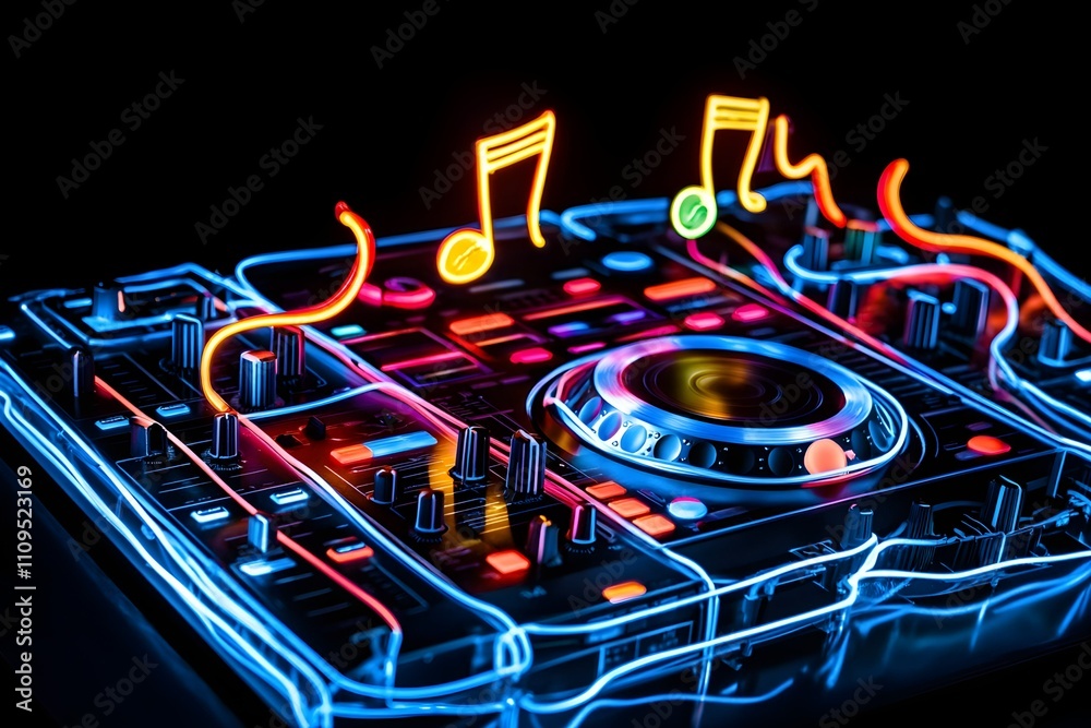 Fototapeta premium Neon DJ booth with music note light trails isolated on black background.