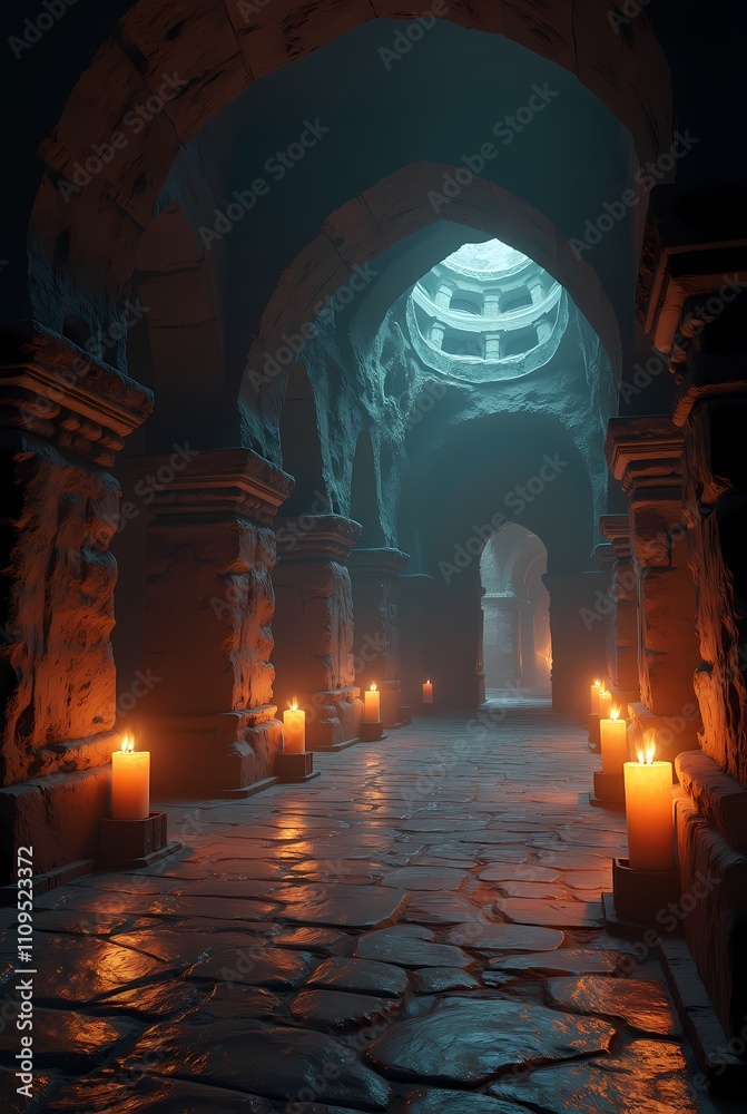 Fototapeta premium Hall in the dungeon of the gnomes, gothic setting with candles