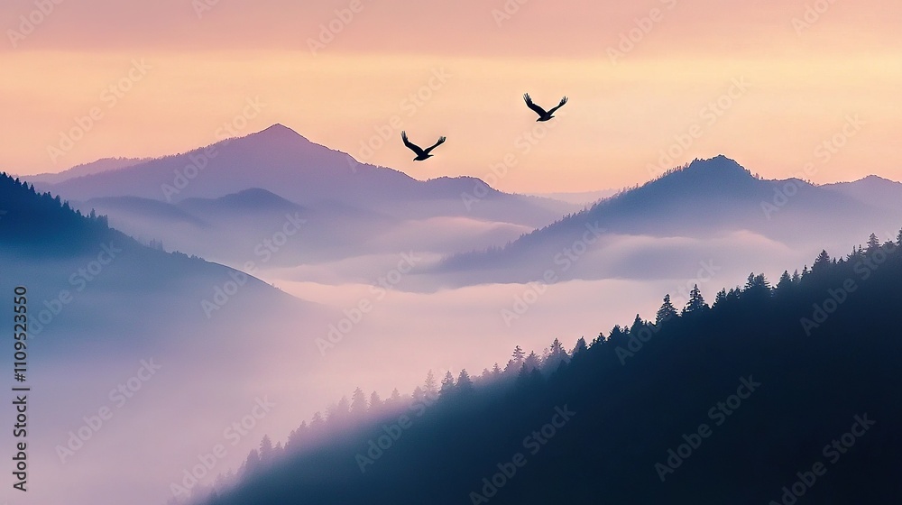Naklejka premium A few birds soaring above a hazy mountain range, with a pastel sky in the background