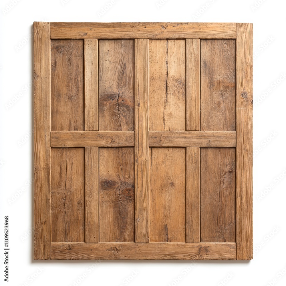A wooden panel with a white background
