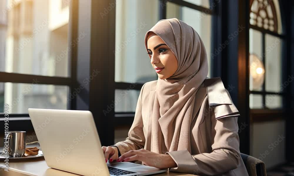 Focused woman working on laptop in a modern cafe during morning hours Focused woman working on laptop in a modern cafe during morning hours