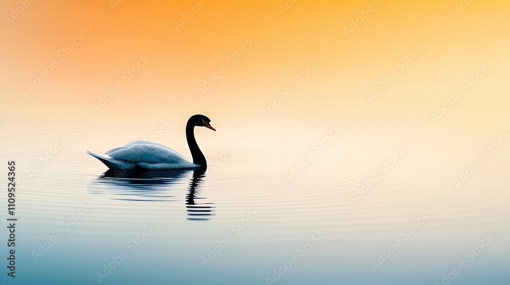 Fototapeta premium A swan gliding atop tranquil water beneath a vibrant yellow sky and an enchanting fusion of blue and orange skies
