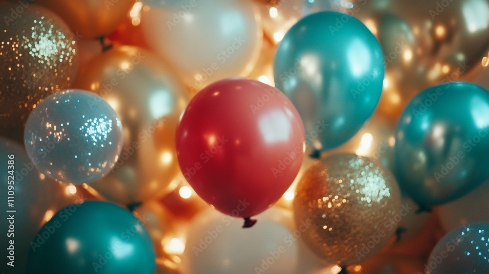 Colorful balloons and festive lights create a joyful atmosphere for celebration Colorful balloons and festive lights create a joyful atmosphere for celebration