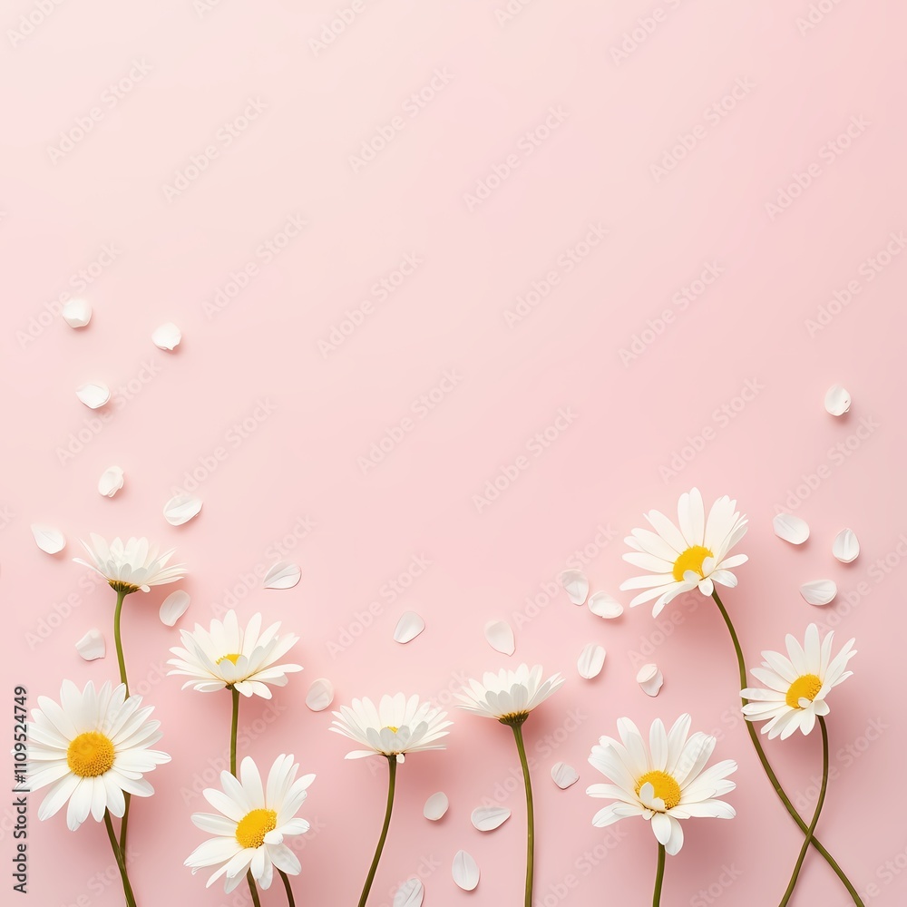 White daisies on a pale pink background with an empty space in the middle, in a minimalist style White daisies on a pale pink background with an empty space in the middle, in a minimalist style