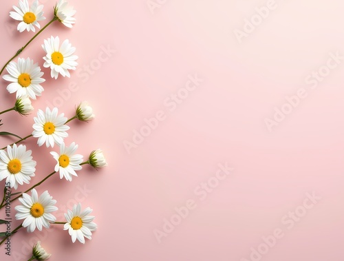 White daisies on a pale pink background with an empty space in the middle, in a minimalist style