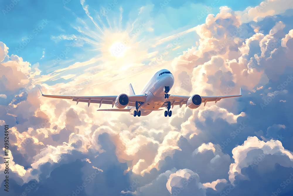 Fototapeta premium An airplane soaring through vibrant clouds under a bright sun.