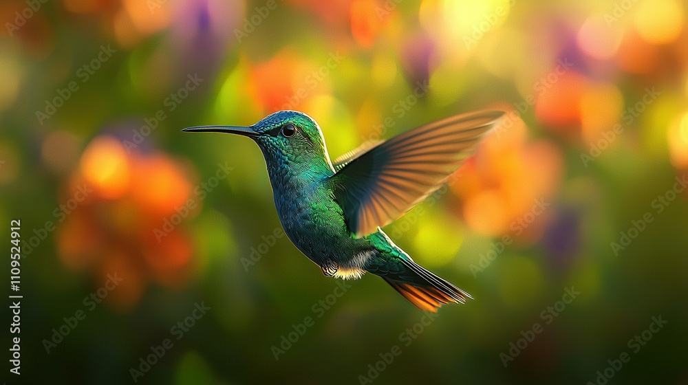 Fototapeta premium Hummingbird flying in orange, yellow, and purple blurred background of flowers