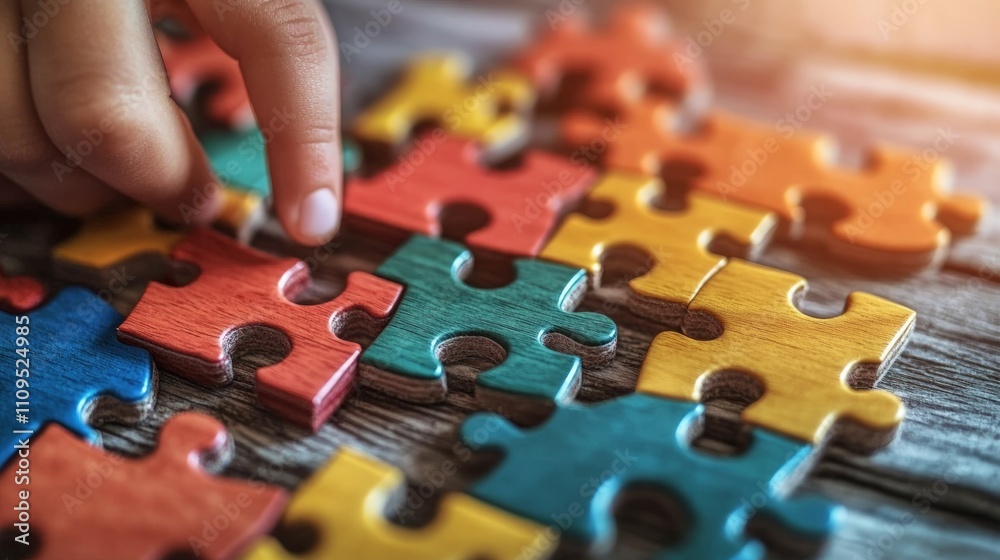 Colorful Wooden Puzzle on Table with Child's Hands Engaging in Playful Learning, Encouraging Cognitive Development and Creativity Through Interactive Playtime Activities Colorful Wooden Puzzle on Table with Child's Hands Engaging in Playful Learning, Encouraging Cognitive Development and Creativity Through Interactive Playtime Activities