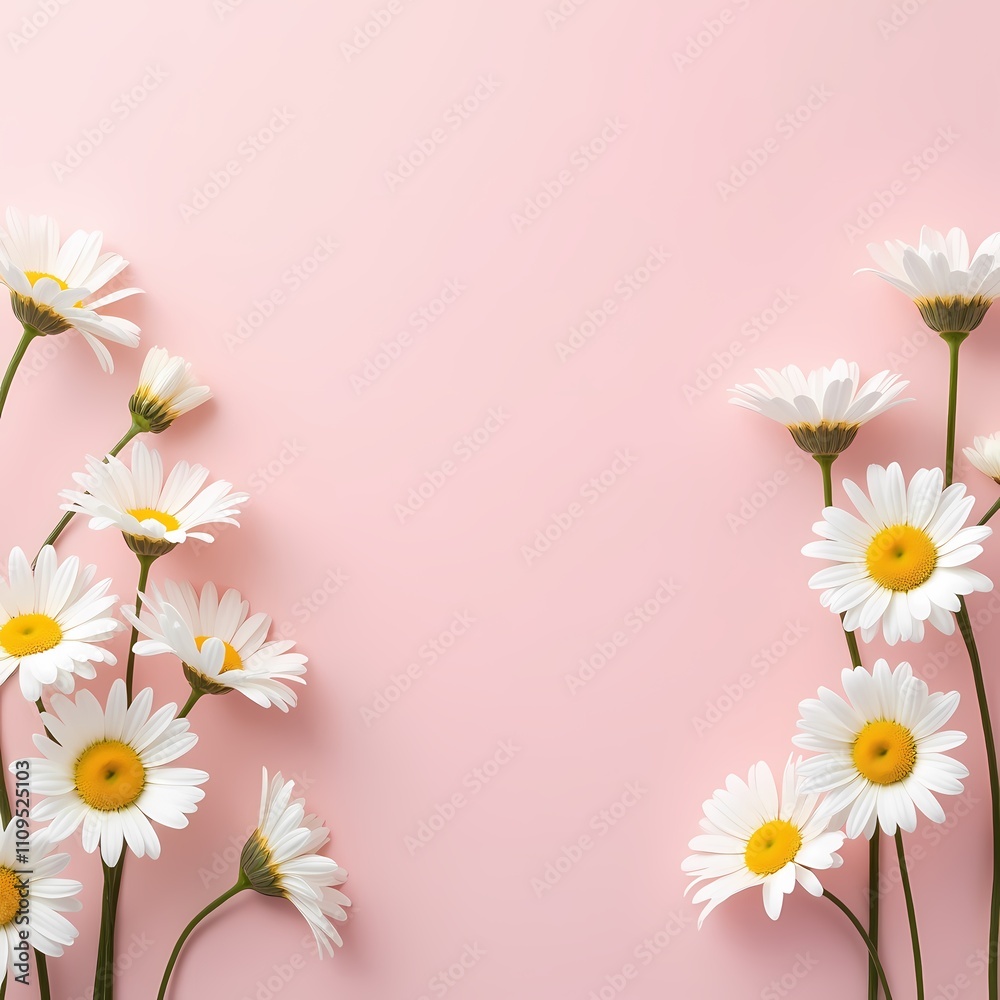 White daisies on a pale pink background with an empty space in the middle, in a minimalist style White daisies on a pale pink background with an empty space in the middle, in a minimalist style