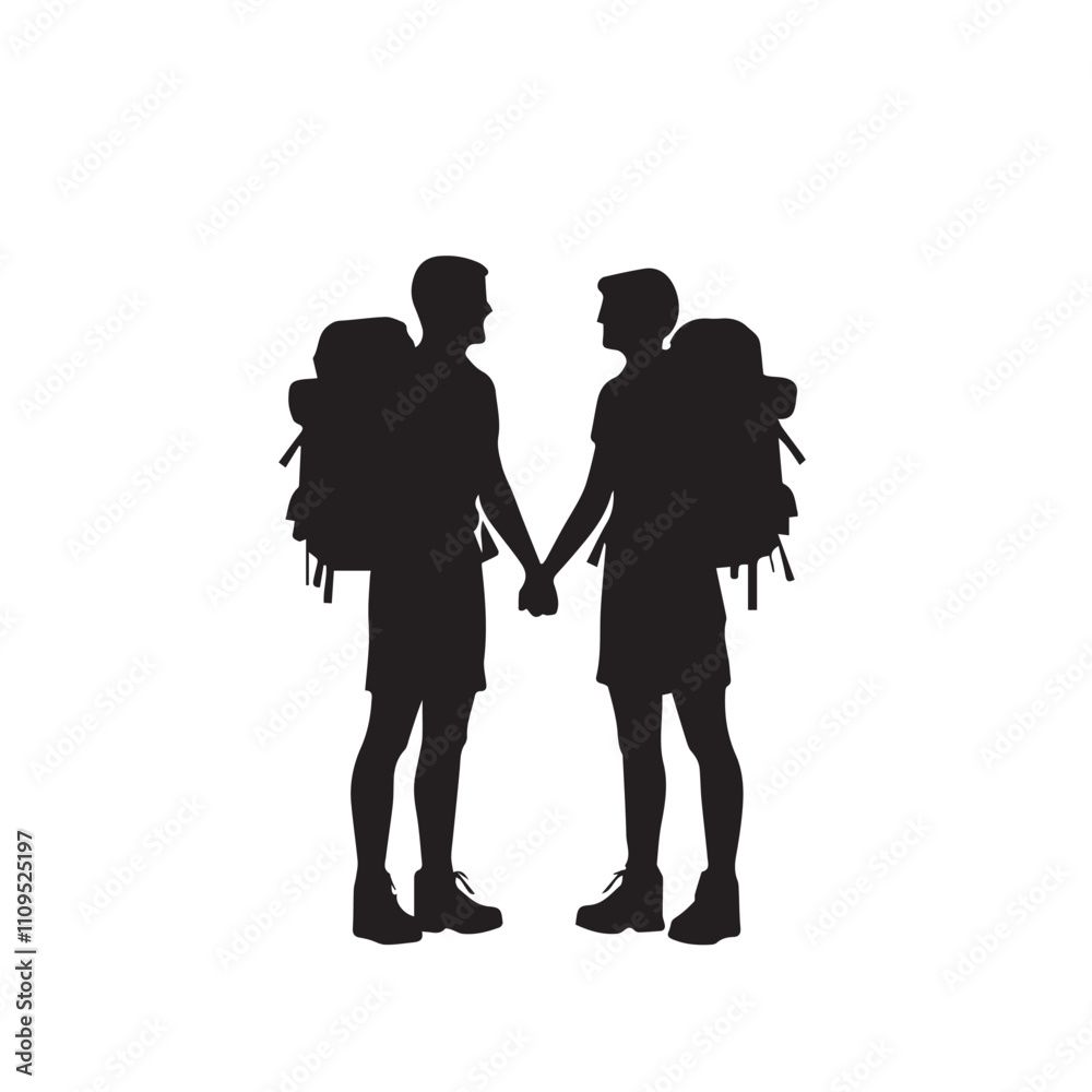 Couple Outdoors Vector Silhouette, Group of Hiking man Silhouettes. hiker with backpack and rucksacks silhouette. Couple Outdoors Vector Silhouette, Group of Hiking man Silhouettes. hiker with backpack and rucksacks silhouette.
