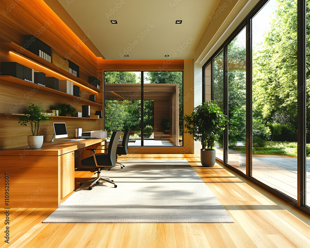Modern home office with large windows, wooden desk, and garden view.