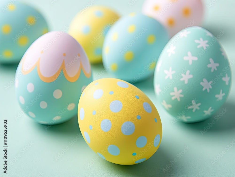 Painted easter eggs decorated with dots and flowers on pastel mint background. Painted easter eggs decorated with dots and flowers on pastel mint background.
