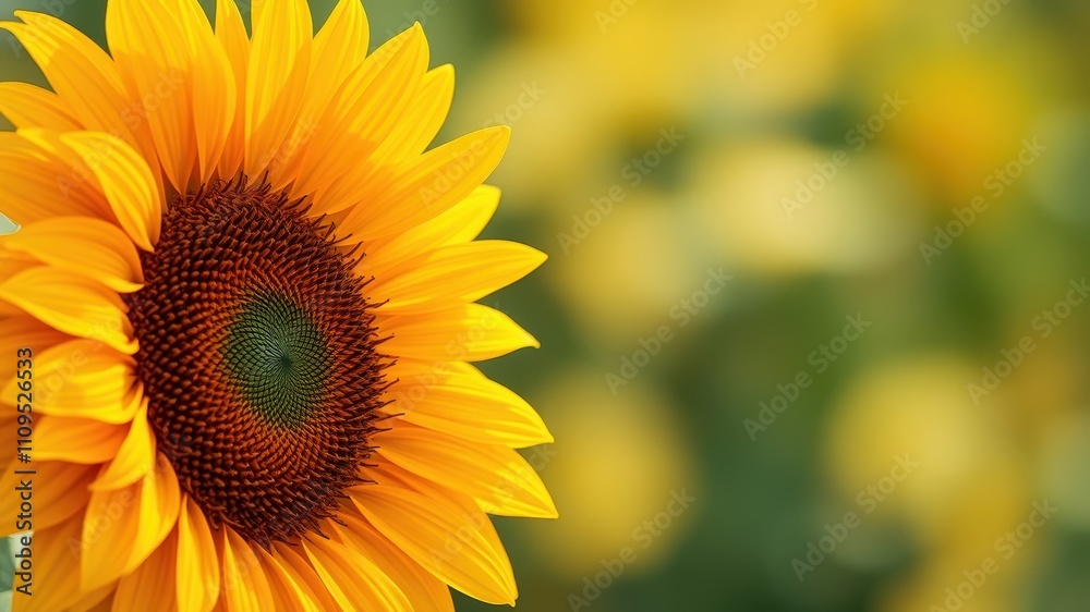 Obraz premium A Close-Up of a Vibrant Yellow Sunflower with a Detailed Center and a Blurred Background of More Sunflowers