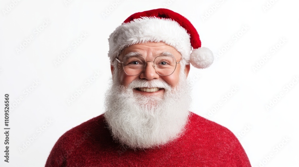Santa Claus wearing a red sweater and hat with glasses smiling happily in a festive atmosphere.A jolly figure dressed as Santa Claus stands against a plain background, showcasing his fluffy white Santa Claus wearing a red sweater and hat with glasses smiling happily in a festive atmosphere.A jolly figure dressed as Santa Claus stands against a plain background, showcasing his fluffy white
