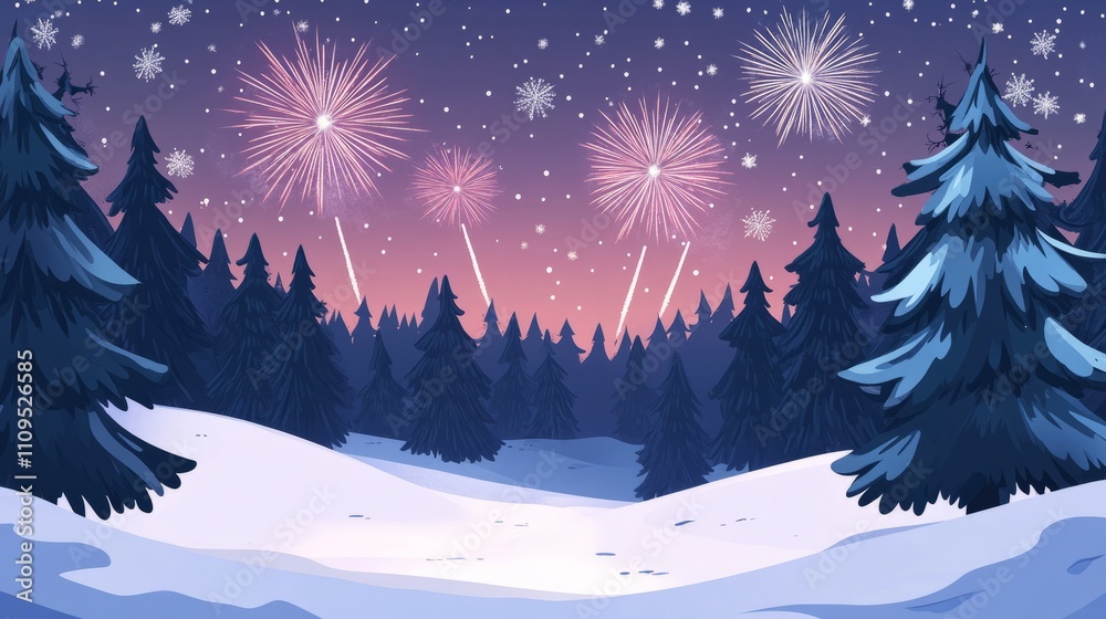 A snowy forest with distant fireworks lighting up the sky
A snowy forest with distant fireworks lighting up the sky