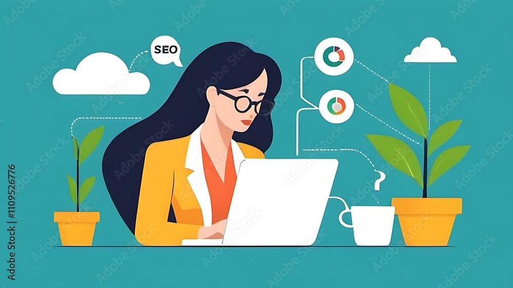 Business woman searching via website internet for seo marketing people in flat art graphic design illustration Business woman searching via website internet for seo marketing people in flat art graphic design illustration