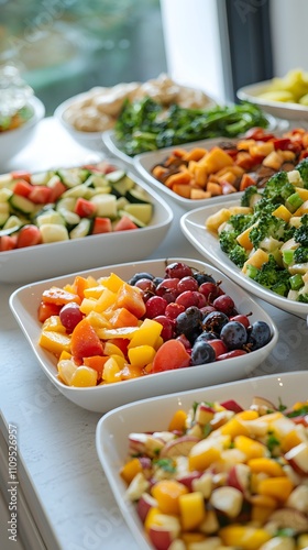 A clean and modern buffet display featuring fresh fruits and vegetables with space for text beside the meals.