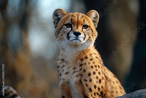 Serval Wild Cat Portrait, Alert Gaze, Blurred Background photo