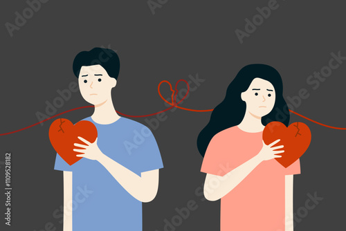 Depressed sad couple hand holding cracked heart. Loneliness, feeling, love, betrayal, relationship, divorce, breakup. Flat people character vector design illustration with broken heart line .