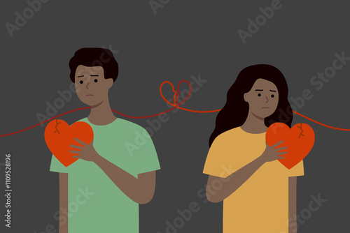 Depressed sad couple hand holding cracked heart. Loneliness, feeling, love, betrayal, relationship, divorce, breakup. Flat people character vector design illustration with broken heart line .