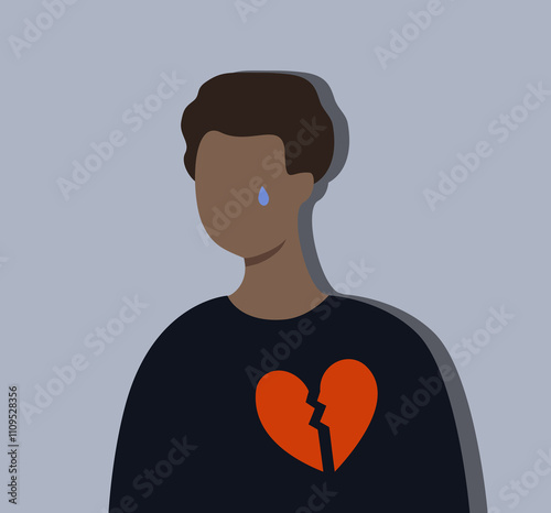 Sad crying man with broken heart portrait. Depression, failure, mental health, loneliness concept. Flat faceless cartoon character vector design isolated illustration.