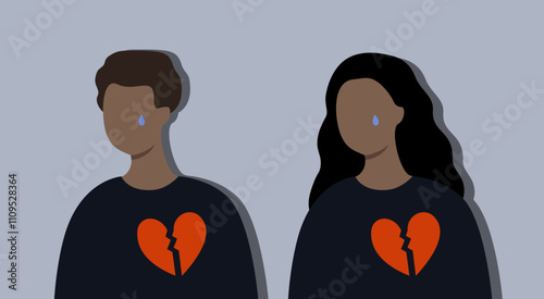 Sad crying man and woman with broken heart portrait. Depression, failure, mental health, loneliness concept. Flat faceless people character vector design isolated illustration.