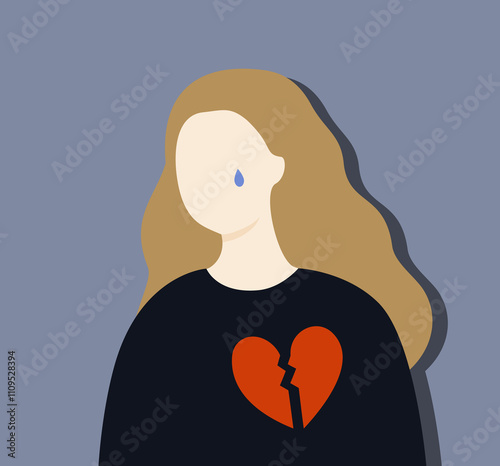 Sad crying woman with broken heart portrait. Depression, failure, mental health, loneliness concept. Flat faceless cartoon character vector design isolated illustration.
