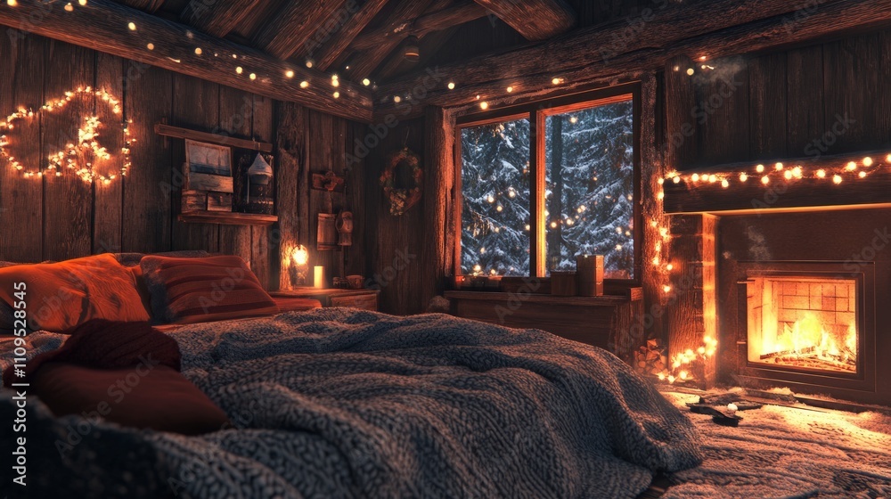 Cozy winter cabin retreat, crackling fireplace, warm ambient lights, soft blankets, inviting atmosphere, perfect for relaxation and comfort during chilly evenings. Cozy winter cabin retreat, crackling fireplace, warm ambient lights, soft blankets, inviting atmosphere, perfect for relaxation and comfort during chilly evenings.