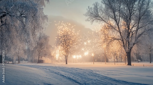 Illustrated Cozy house in Snowy Forest, fireworks 