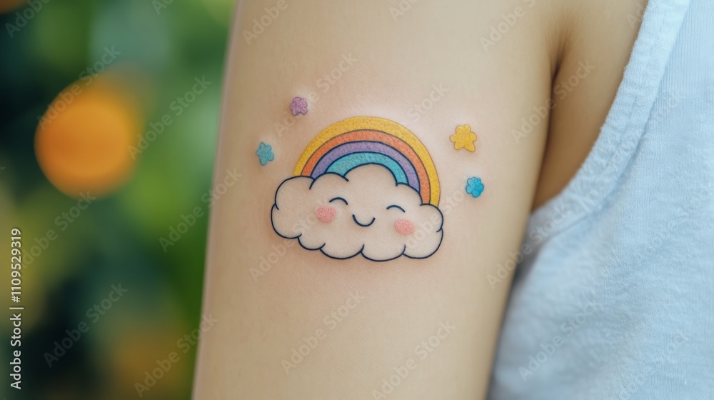 Naklejka premium Playful cloud tattoo with vibrant rainbows, symbolizing joy and positivity, featuring whimsical design elements that evoke a cheerful and uplifting atmosphere