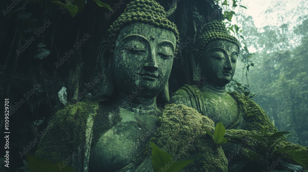 Fototapeta premium Ancient Buddhist Statues Shrouded in Moss - Serene moss-covered Buddha statues, embodying peace, spirituality, nature, time, and enlightenment.