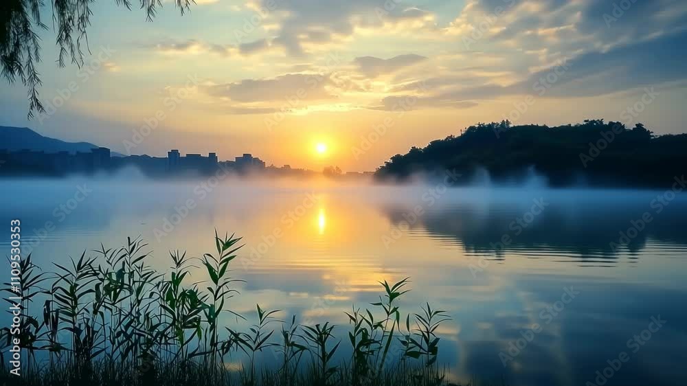Sunrise over Misty Lake with City Skyline Sunrise over Misty Lake with City Skyline