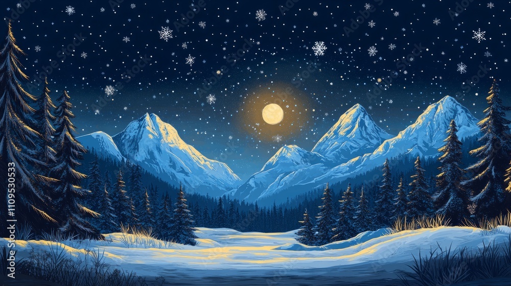 Fototapeta premium Illustrated snowy mountains with a starry sky and moon