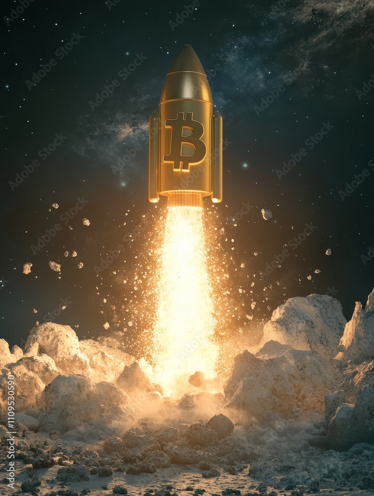 Naklejka premium Bitcoin Rocket Launching to the Moon: Cryptocurrency Investment - Bitcoin rocket blasting off, symbolizing growth, investment, future, success, and cryptocurrency.