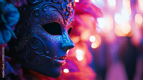 Colorful masquerade mask adorned with lights during evening celebration