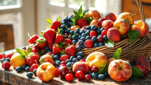 A vibrant mix of fresh strawberries, blueberries, peaches, and cherries spilling out of a wicker basket, bathed in warm sunlight on a rustic wooden table.