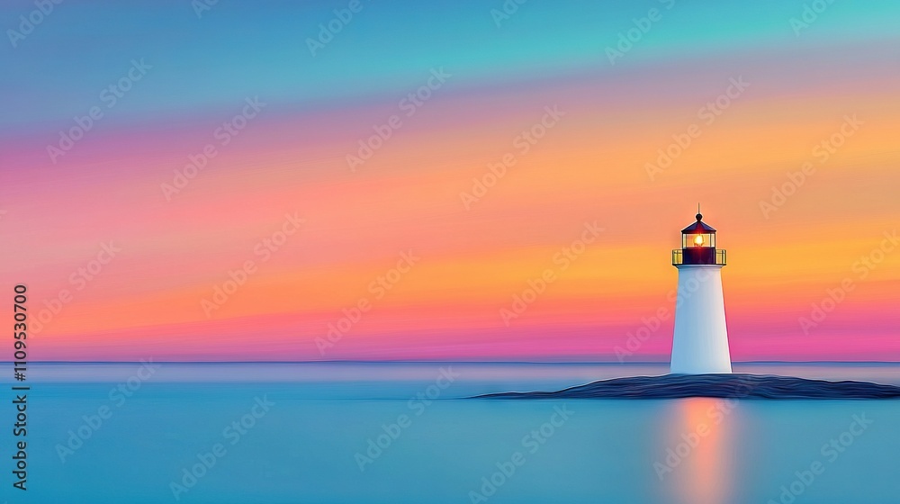 A lighthouse on a small island in the middle of the ocean with a vibrant sky in the background is portrayed in this painting A lighthouse on a small island in the middle of the ocean with a vibrant sky in the background is portrayed in this painting