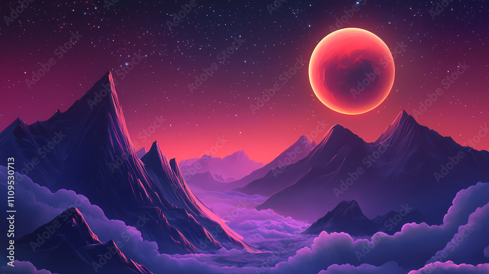 Fototapeta premium Surreal alien landscape with rugged mountains and an eerie red planet. atmospheric night scene in outer space. Eclipse. Illustration