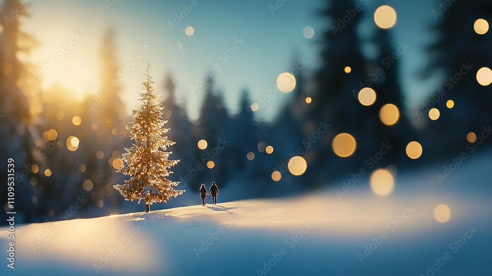 Naklejka premium A tiny Christmas tree on a snowy field surrounded by two people