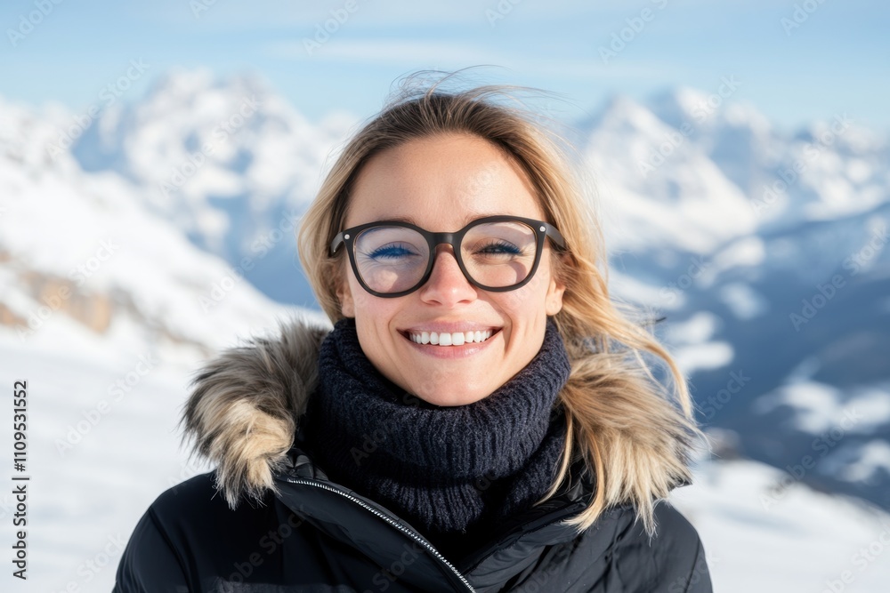 winter landscape portrait, a peaceful image of a caucasian woman on a snowy ski slope, mountains in the background, laughing in the winter air text space available winter landscape portrait, a peaceful image of a caucasian woman on a snowy ski slope, mountains in the background, laughing in the winter air text space available