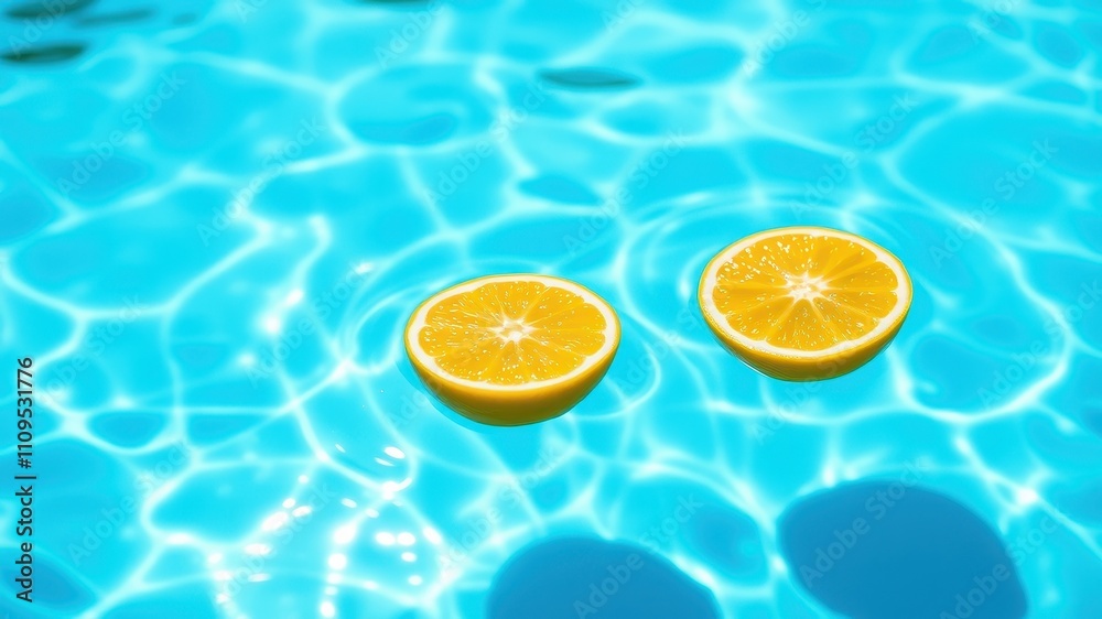 Two Slices of Citrus Fruit Floating on the Surface of a Pool of Aqua Blue Water Two Slices of Citrus Fruit Floating on the Surface of a Pool of Aqua Blue Water
