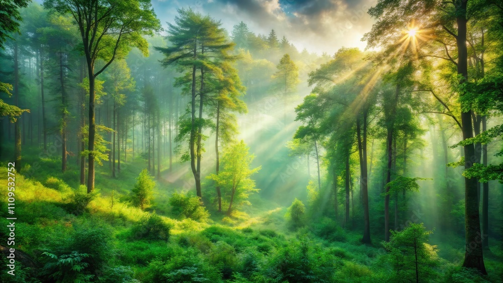 Fototapeta premium Misty Green Forest Panoramic Wallpaper, Scenic Nature Background, Lush Greenery, Foggy Woodland, Empty Space, Calm Forest Scene, Panoramic View, Nature Photography