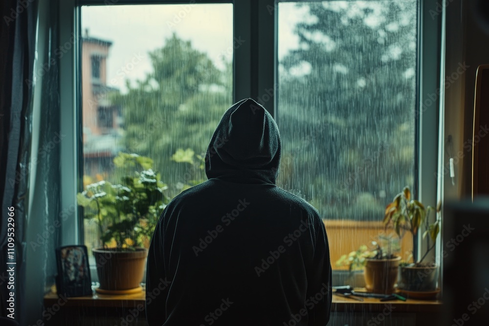 Contemplation in the Rain - A person in a hoodie sits by a window, watching the rain fall. Themes of solitude, reflection, introspection, sadness, and peace. Contemplation in the Rain - A person in a hoodie sits by a window, watching the rain fall. Themes of solitude, reflection, introspection, sadness, and peace.