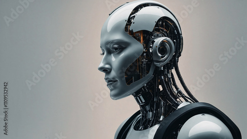 Roboter-Frau vor hellem Hintergrund. Kühle emotionslose starre Mimik. Illustration