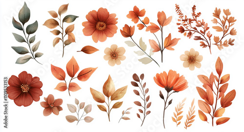 Fototapeta Naklejka Na Ścianę i Meble -  A set of watercolor floral elements, featuring fall colors and leaves, on a white background