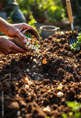 Gardener composting vegetable waste in garden soil for sustainable agriculture