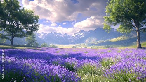 A peaceful meadow filled with blooming lavender under the warm afternoon sun photo