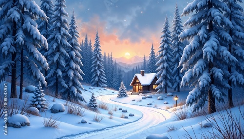 Cozy wooden cabin in a snowy forest at sunset with glowing windows, winter landscape