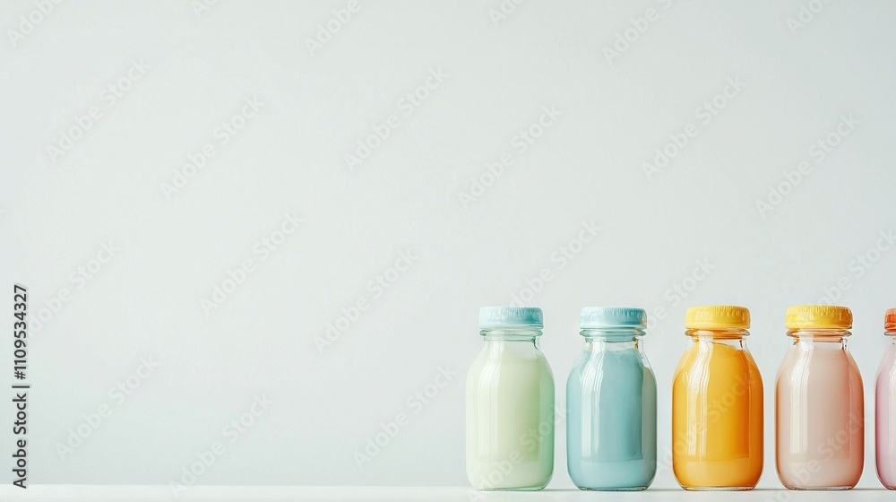 A row of colorful glass bottles rests atop a white table, beside each other, on a white background A row of colorful glass bottles rests atop a white table, beside each other, on a white background