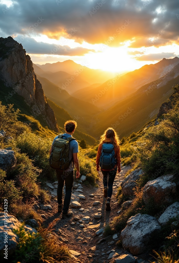 Fototapeta premium Hikers walking on mountain trail at sunset enjoying scenic valley view